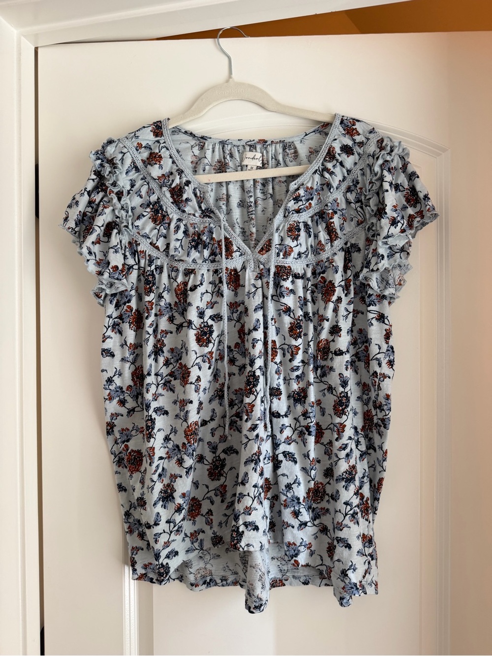 Wonderly Light Blue Floral Ruffle Sleeve Women’s Top